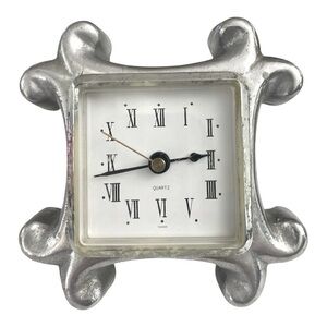 ASHLEIGH MANOR Pewter (or metal) Square Desk Clock - Silver - 4"x4" - Works!